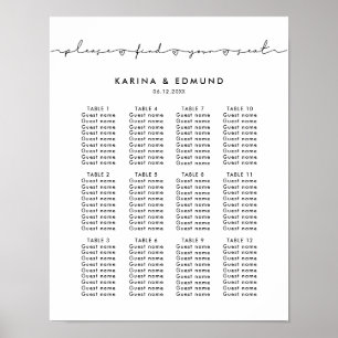 Minimalistiskt, handskrivet bröllop-sittdiagram poster