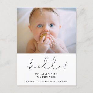 Minimalistiskt handskrivet Hej nyfödd bebis-foto Vykort