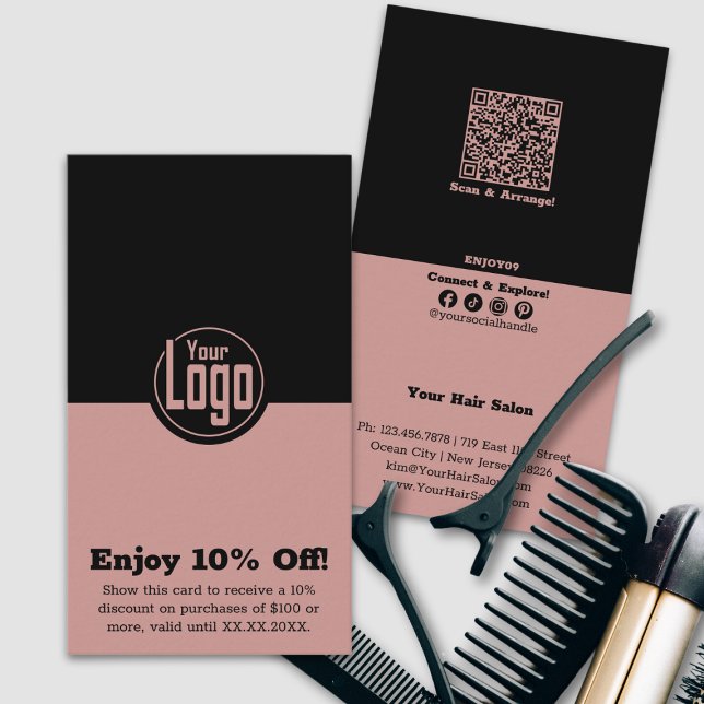 Minimalistiskt hårslitage 10 % av rabattkort (Minimalist Hair Stylist 10% Off Discount Card, Logo, QR code, Tracking, Social)