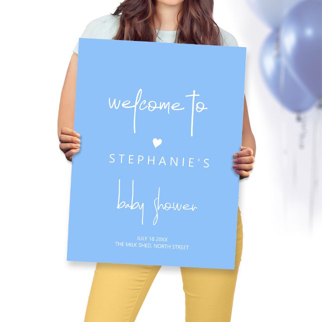 Minimalistiskt Heart Pojke Shower Blue Welcome Poster (Skapare uppladdad)