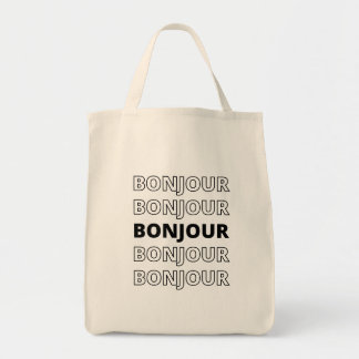 Minimalistiskt ihåligt typografiskt bonjour tygkasse