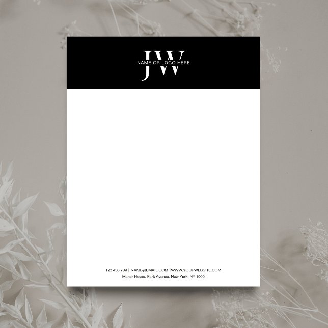 Minimalistiskt Initialer Monogram Black & White Co Brevhuvud (Striking black and white business letterhead with space for you initials and business details)