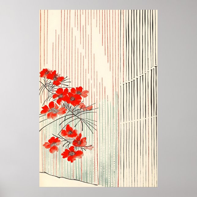 Minimalistiskt japanskt rött blommorkonsttryck Uki Poster (Framsidan)