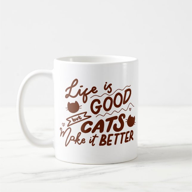 Minimalistiskt Joy Cat Heartwarm Brunljus Kaffemugg (Vänster)