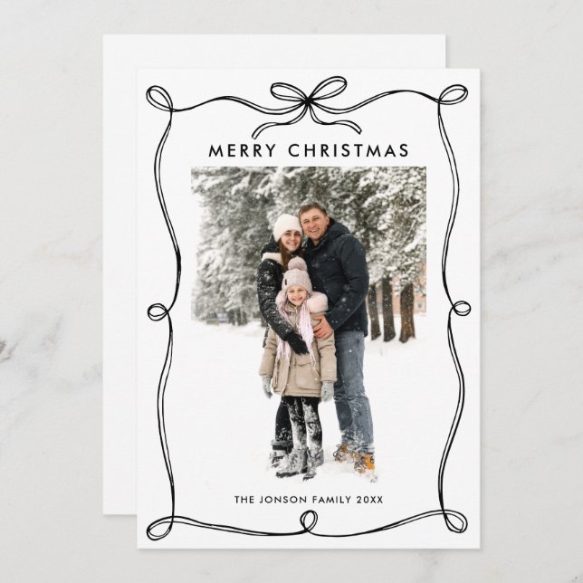 Minimalistiskt Julboho Black Bow Ribbon 2 Photo Julkort (Fram/baksida)