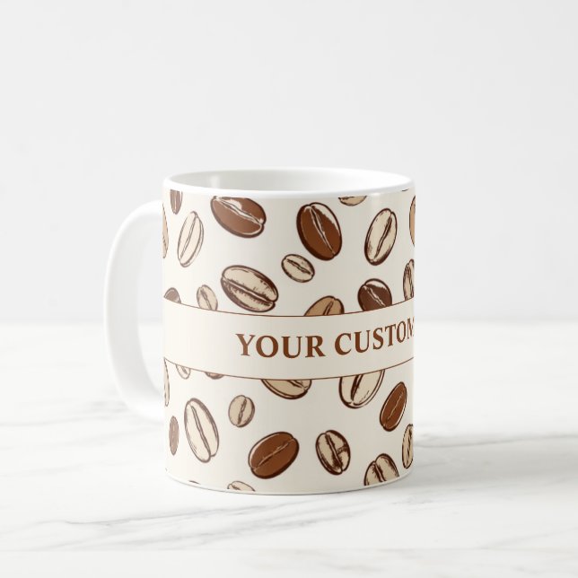 Minimalistiskt kaffebönsmönster runt persona kaffemugg (Framsida vänster)