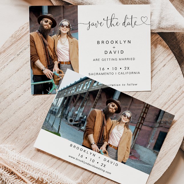 Minimalistiskt kalligrafi - hjärtat sparar datumko inbjudningar (Minimalist and modern heart calligraphy wedding save the date with two photographs.)