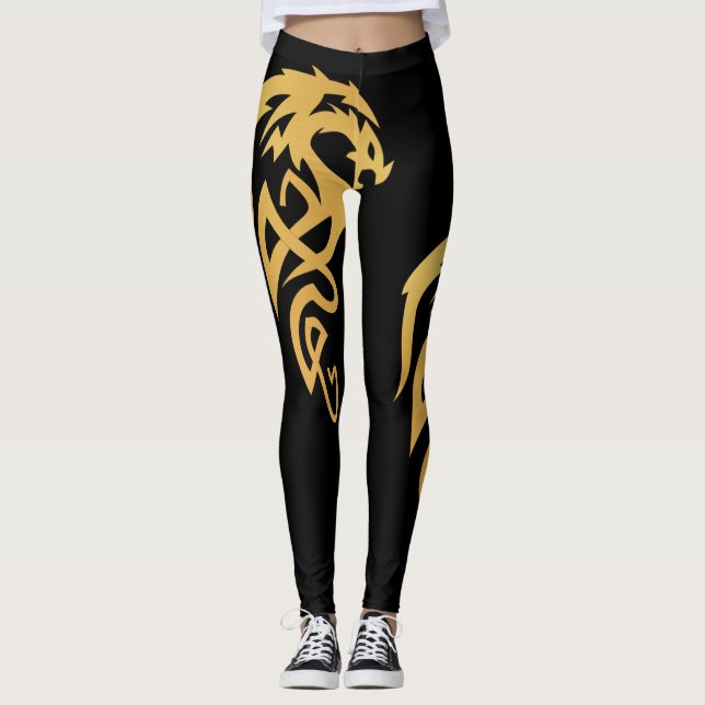 Minimalistiskt kantrat Guld Black Magic Dragon Leggings (Framsida)