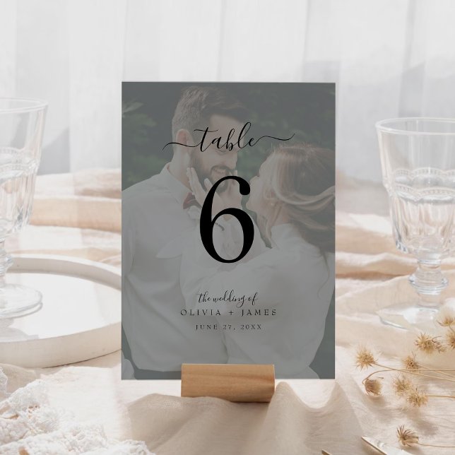 Minimalistiskt klassiskt foto från Bröllop Bordsnummer (Minimalist Classic Calligraphy Wedding Photo Table Number)