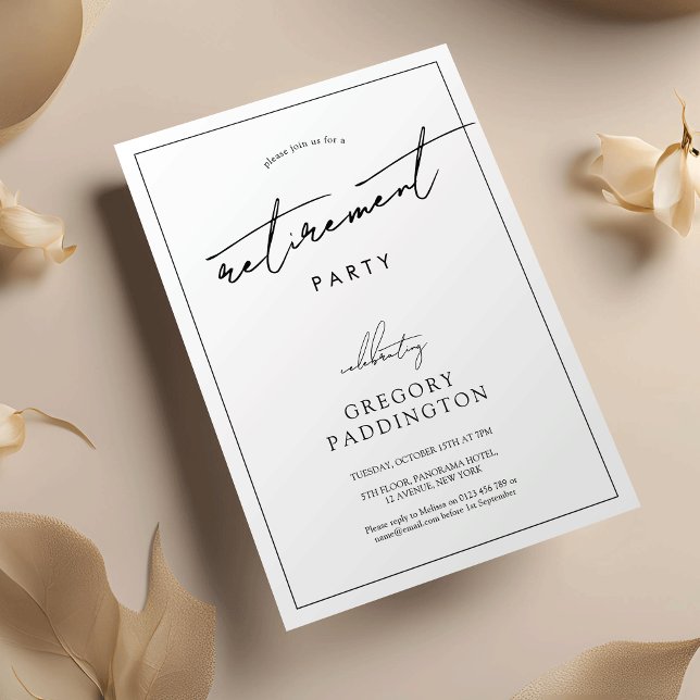 Minimalistiskt korpral Black White Pension Party Inbjudningar (Minimalist modern retirement party corporate invitation with trendy handwritten script)