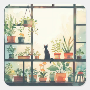 Minimalistiskt kute, svart katt och plantor i närh fyrkantigt klistermärke