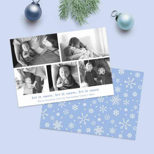 Minimalistiskt Låt det snöa multifoto-God jul Julkort (Simple Let It Snow photo collage Christmas card with blue and white snowflake print backer)
