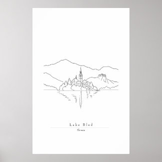Minimalistiskt linjekonsttryck av Lake Bled | Slov Poster