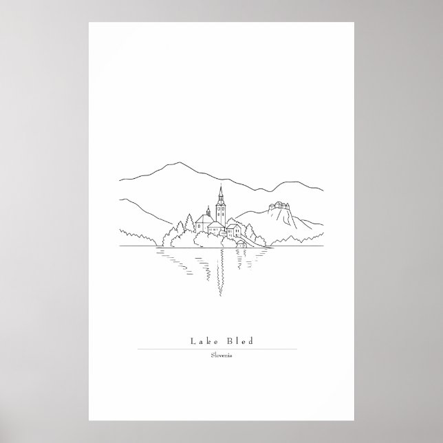 Minimalistiskt linjekonsttryck av Lake Bled | Slov Poster (Framsidan)