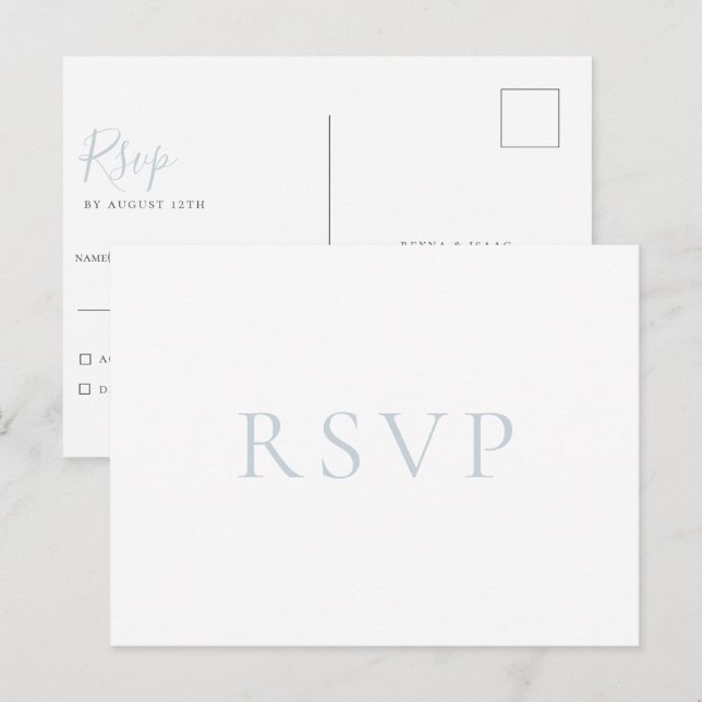 Minimalistiskt ljusblått bröllops-RSVP-postkort Vykort (Fram/baksida)