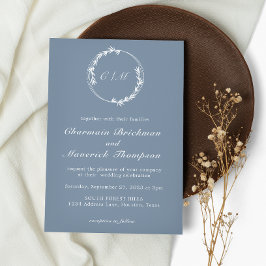 Minimalistiskt Löv Dusty Blue Monogram Bröllop Inbjudningar