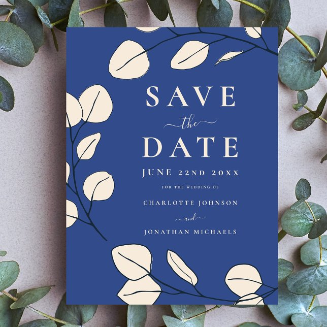 Minimalistiskt Löv Modern Snyggt Blue Bröllop Inbjudan Vykort (Minimalist eucalyptus leaves modern stylish blue wedding save the date postcard invitation)