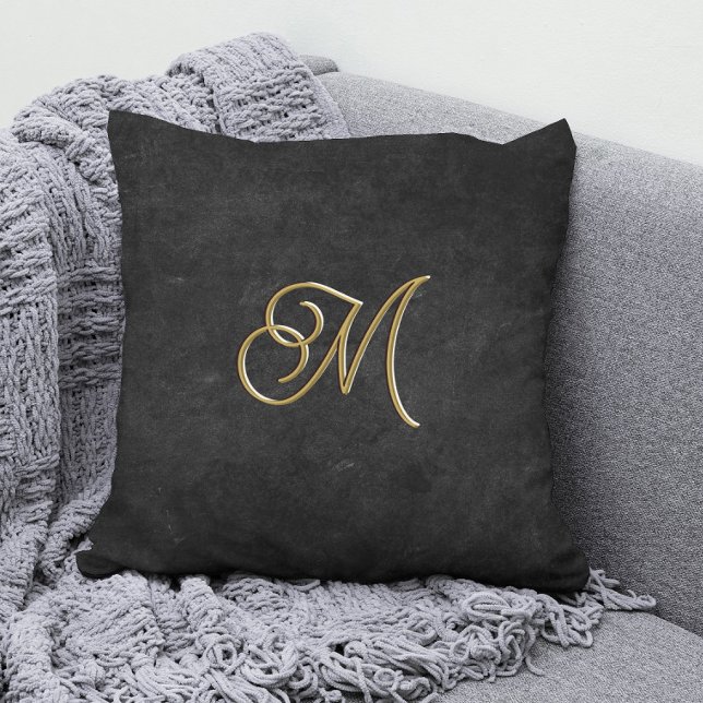 Minimalistiskt lyxmonogram för svart och Guld-Vint Kudde (Skapare uppladdad)