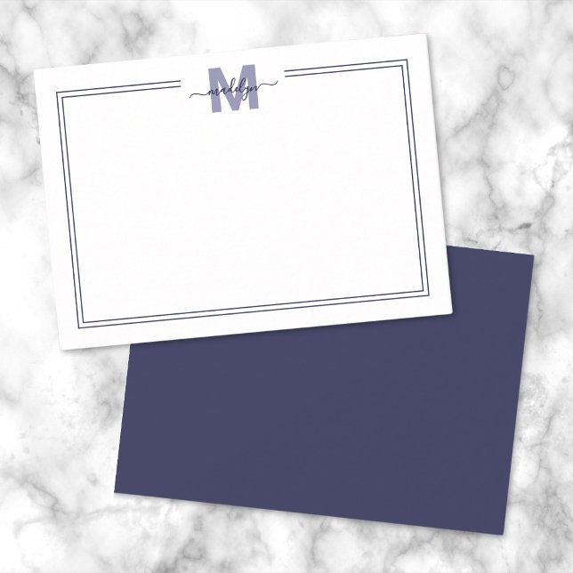Minimalistiskt manus Navy Blue Två Kant Monogram Anteckningskort (Navy Blue Minimalist Script Name Monogram Note Card)