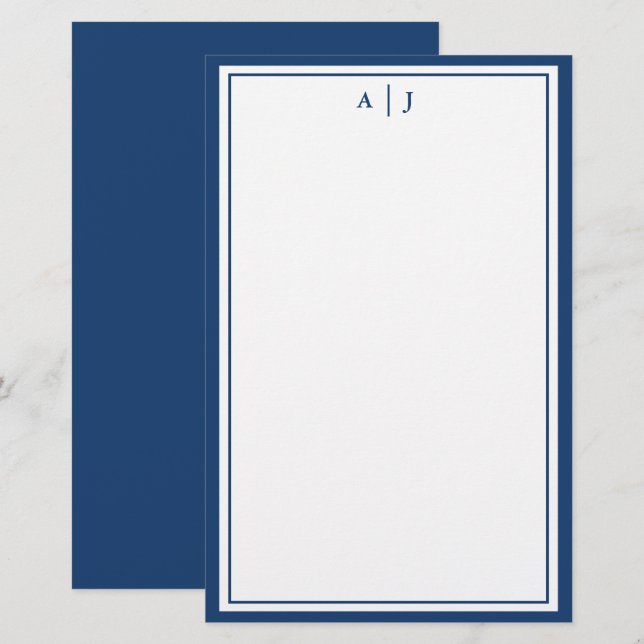 Minimalistiskt marinblått två Gräns-monogram Brevpapper (Fram/baksida)