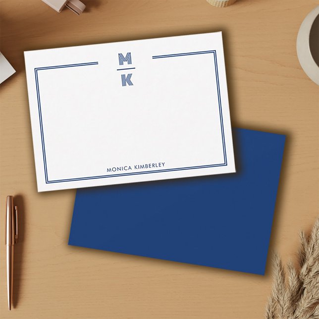 Minimalistiskt marint blått två Gräns-monogramante Anteckningskort (Minimalist Navy Blue Two Border Monogram Note Card)