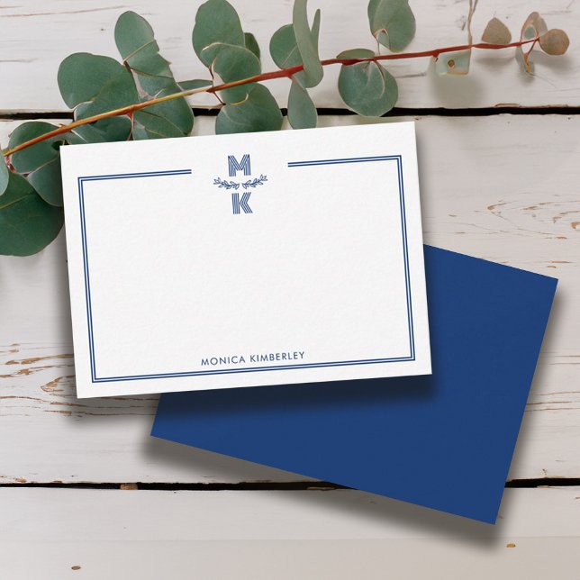 Minimalistiskt marint blått två Gräns-monogramante Anteckningskort (Minimalist Navy Blue Two Border Monogram Note Card)