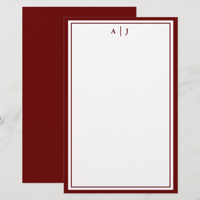 Minimalistiskt maronrött två Gräns-monogram Brevpapper (Fram/baksida)