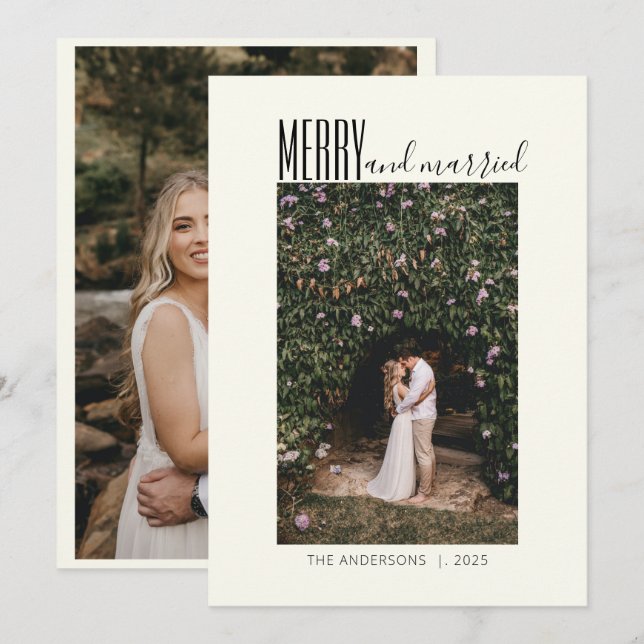 Minimalistiskt Merry Married Bröllop 2 Photo Julkort (Fram/baksida)