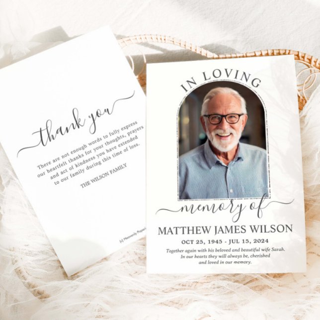 Minimalistiskt Modern Arch Photo Funeral Memorial Tack Kort (Skapare uppladdad)