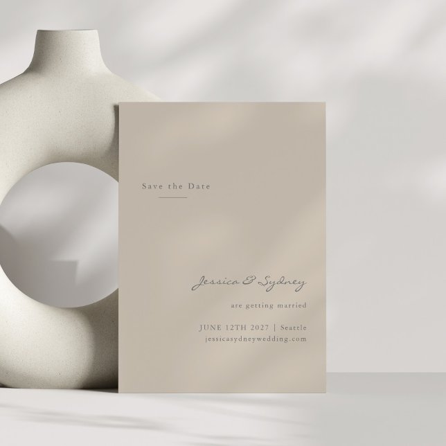 Minimalistiskt Modern Beige Taupe-skript sparar da Vykort (Skapare uppladdad)