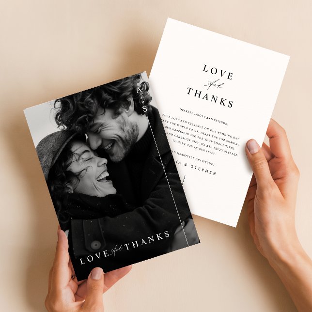 Minimalistiskt Modern Black Script Photo Bröllop Tack Kort (Skapare uppladdad)