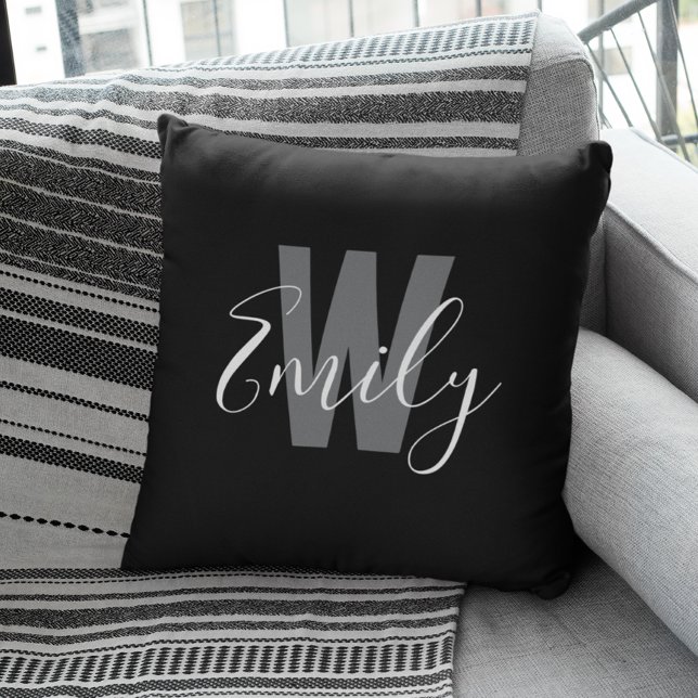 Minimalistiskt Modern Black White Monogram Kudde (Modern Black White Monogram Throw Pillow)