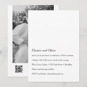 Minimalistiskt Modern Black White Photo QR Bröllop Inbjudningar
