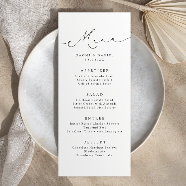 Minimalistiskt Modern Chic-skript Elegant bröllop Meny (Minimalist Modern Chic Script Elegant Wedding Menu)