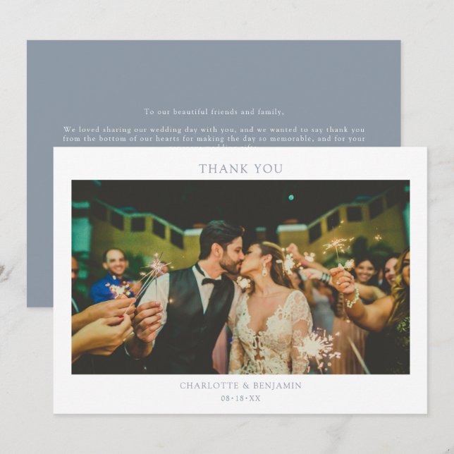Minimalistiskt Modern Dusty Blue Photo Bröllop Tack Kort (Fram/baksida)