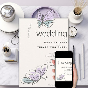 Minimalistiskt Modern Lilac och Dusty Blue Butterf Inbjudningar