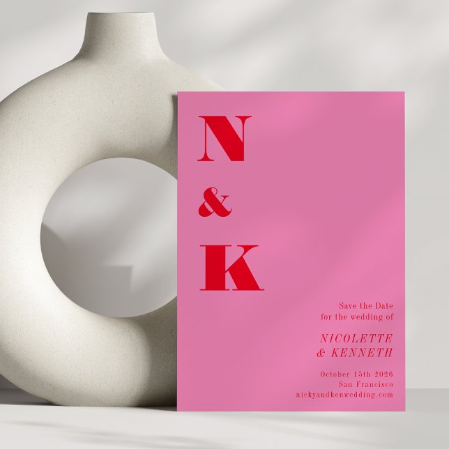 Minimalistiskt Modern Monogram Rosa Red Fold Bröll Spara Datumet (Skapare uppladdad)