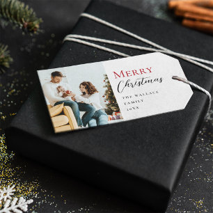 Minimalistiskt Modern Red God jul-skriptfoto Presentetikett