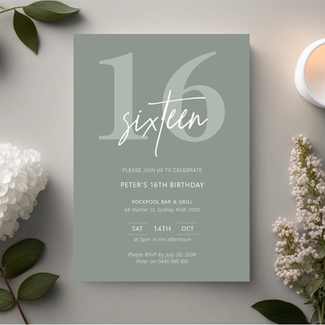 Minimalistiskt Modern Sage 16:e Födelsedagsfesten Inbjudningar (Skapare uppladdad)