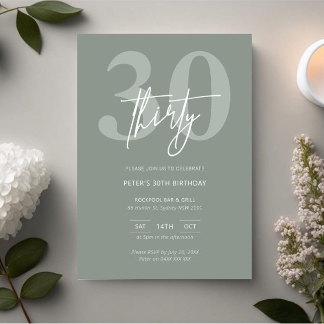 Minimalistiskt Modern Sage 30års födelsedag Party Inbjudningar (Skapare uppladdad)