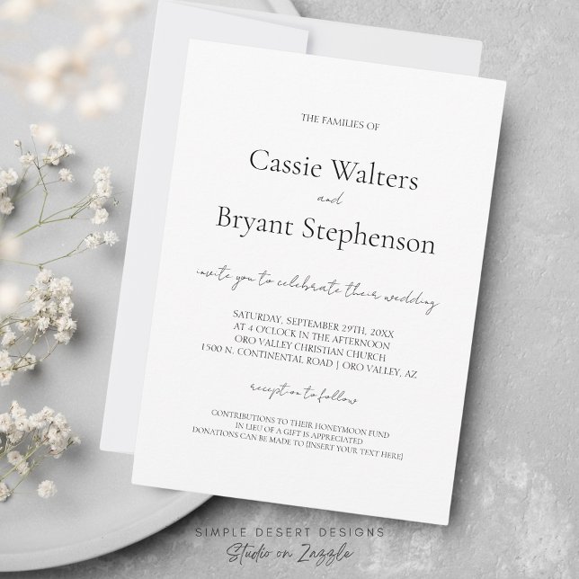 Minimalistiskt Modern Script Black and White Bröll Inbjudningar (Simple Black and White Elegant Wedding Invitation for Classic Minimalist Wedding Ceremony)