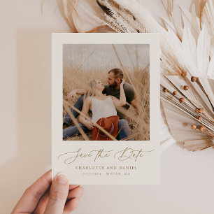 Minimalistiskt Modern Script Photo Ram Beige Guld Spara Datumet