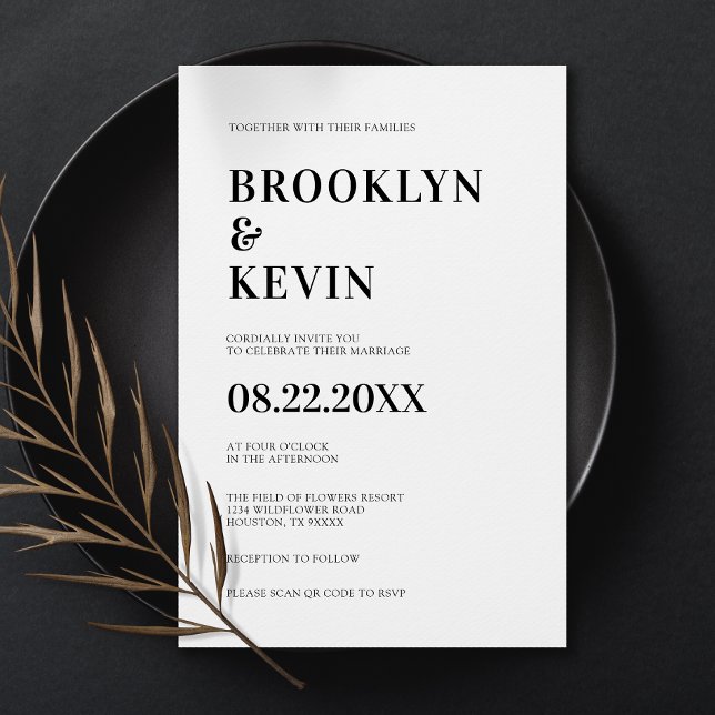 Minimalistiskt Modern Simple Black Bröllop | QR-ko Inbjudningar (Minimalist Modern Simple Black Wedding | QR Code Invitation)