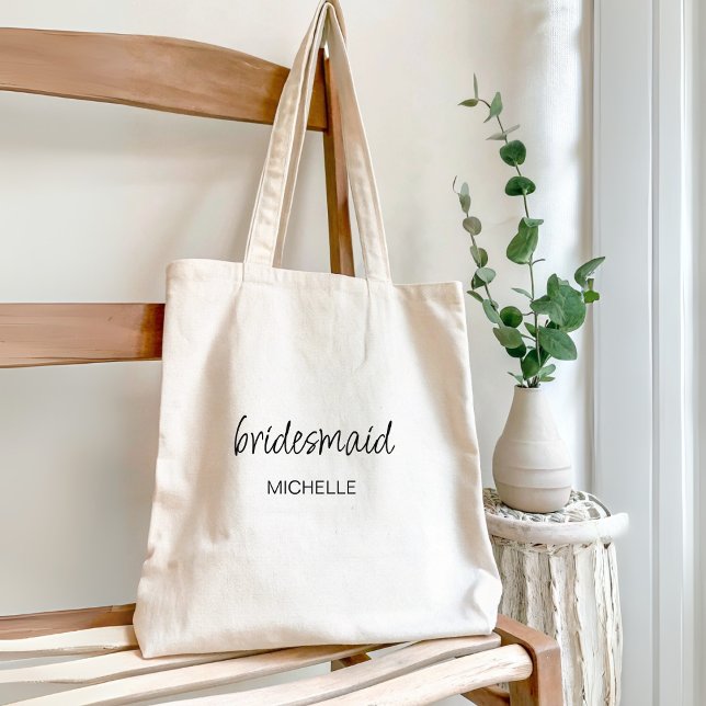 Minimalistiskt Modern skript Bridesmaid Bröllop Tygkasse (Bridesmaid Proposal or Wedding Gift Favor for Wedding Entourage Personalized Name Bridesmid Tote Bag)