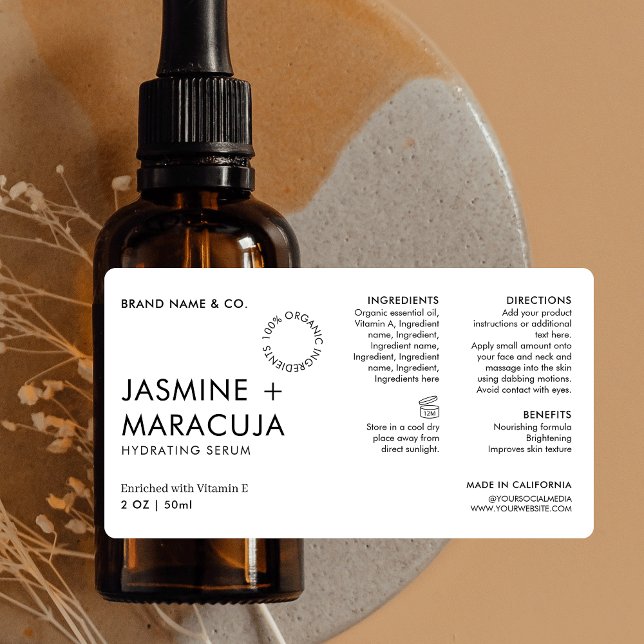 Minimalistiskt, modernt, enkelt kosmetiskt droppar fraktsedel (Modern cosmetic bottle label design in black & white with space for ingredients)