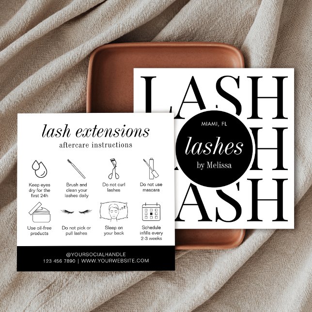 Minimalistiskt, modernt enkelt tvättkort för efter fyrkantigt visitkort (Modern eyelash extensions care instructions cards in minimalist black and white style)