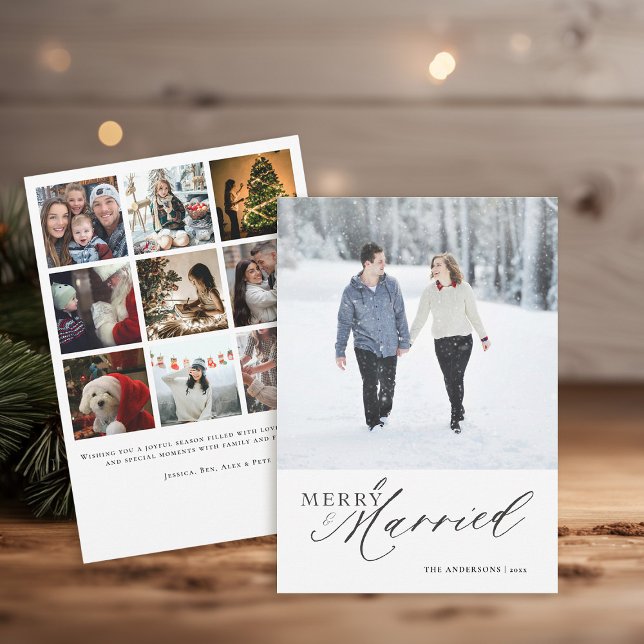 Minimalistiskt modernt första julfoto julkort (1st christmas married card photo collage modern minimalist elegant stylish classy calligraphy)