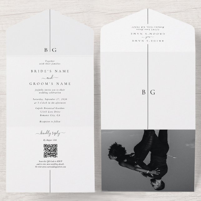 Minimalistiskt modernt foto-inton Monogram Bröllop (Minimalist Modern Photo Inline Monogram Wedding All In One Invitation)