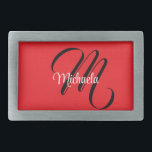 Minimalistiskt modernt monogram initialt namn röd<br><div class="desc">Minimalistiskt,  modernt monogram,  inledande svartvit namn. Anpassningsbart eget namn med en kursiv början bakom på ett rött färg.</div>