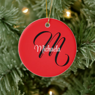 Minimalistiskt modernt monogram initialt namn röd julgransprydnad keramik